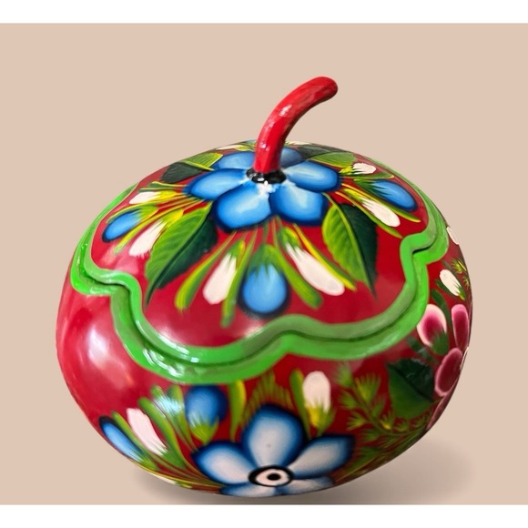 Gourd Hand Painted Folk Art Floral Flowers Bright Colors Trinket Box Mexican - Picture 7 of 11